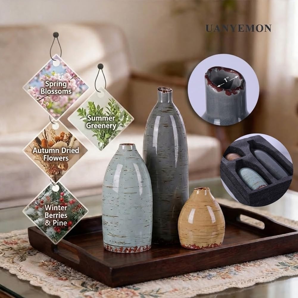 Ceramic Vase Set of 3 - Modern Coastal Rustic Home Decor Flower Vases for Living Room, Kitchen Island, Dining Table Centerpiece Decor, Office Shelf, Fireplace Mantle Decorations (Multicolor Mix)