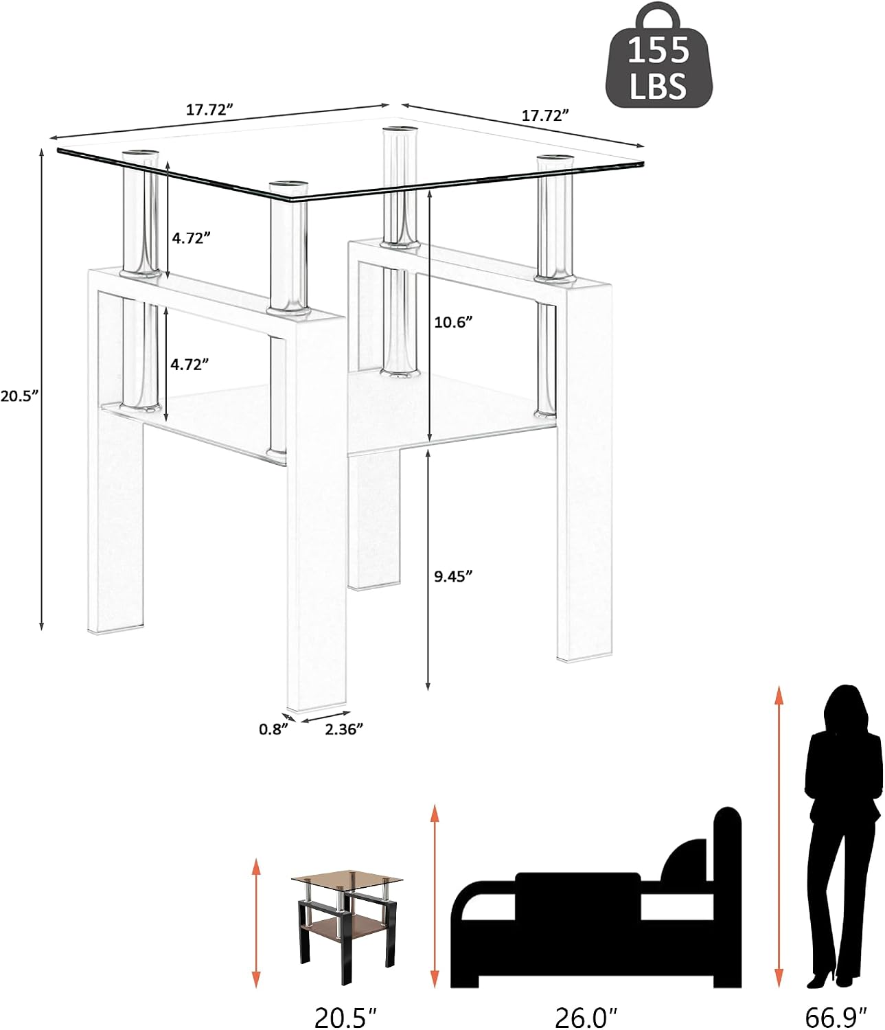 17.72'' Glass Side Table Set of 2, 2 Tier Couch End Table with Tempered Glass Top & Metal Lges, Black End Tables with Brown Top, Small Nightstand Set of 2 for Living Room, Small Space