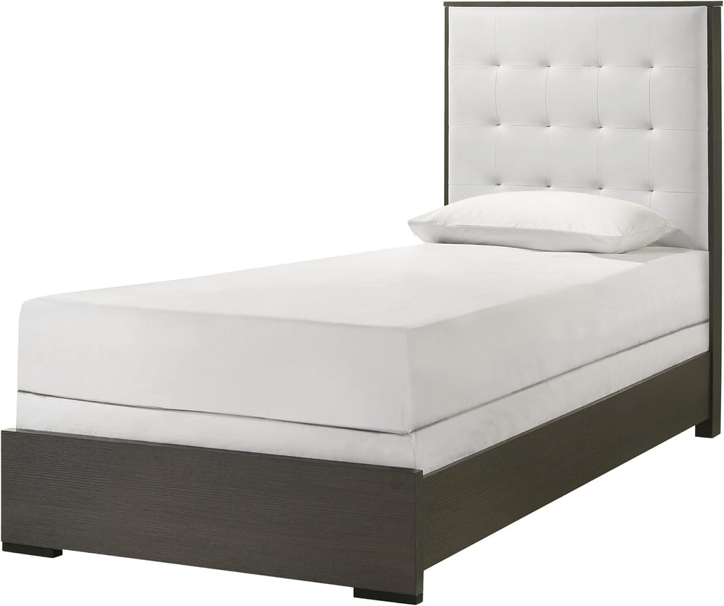 1pc Contemporary Upholstered Twin Size Panel Youth Bed Button Tufted Headboard Wooden Bedroom Furniture White Cream Gray