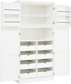 70.9" Tall Freestanding Kitchen Pantry Cabinet with 4 Doors, Large Wooden Kitchen Organizers Storage Cabinet with 8 Pull-Out Trays and 2 Door Shelves for Dining Room, White