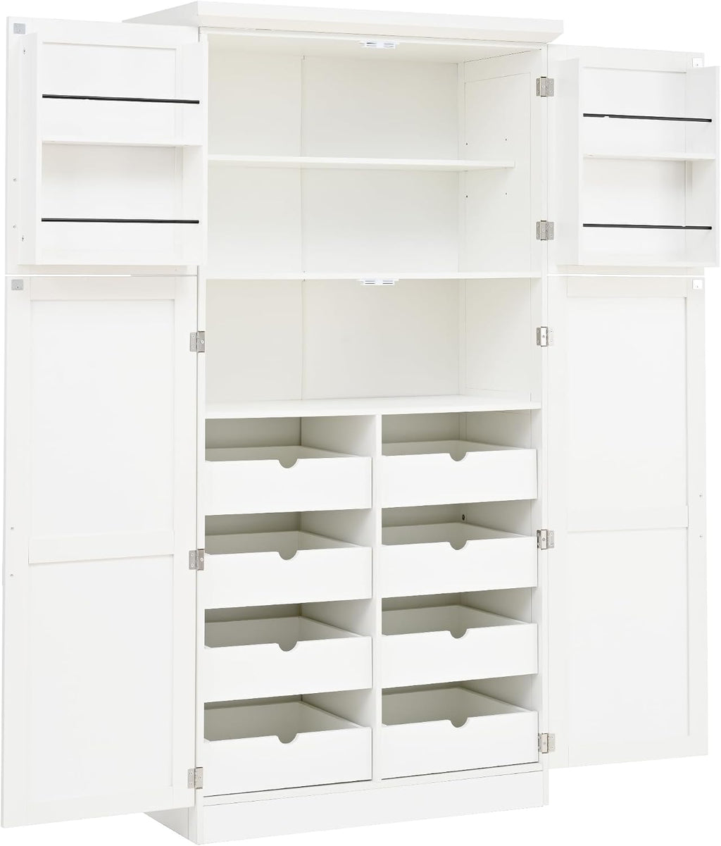 SOFTSEA Tall Kitchen Pantry Cabinet for Dining Room, Kitchen Hutch with 8 Pull-Out Trays, Freestanding Storage Cabinet with Adjustable Shelves and 2 Door Shelves, 35.5x17.6x70.9 Inch, White