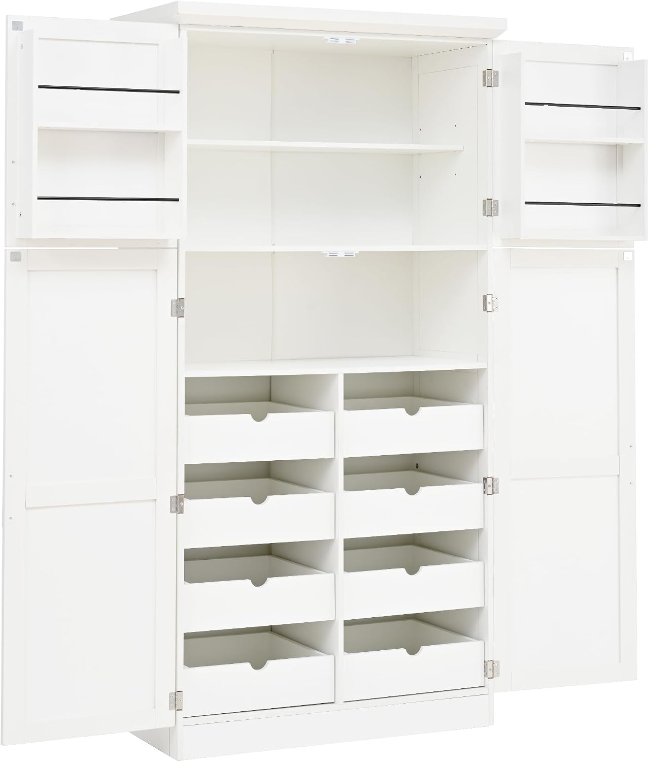 SOFTSEA Tall Kitchen Pantry Cabinet for Dining Room, Kitchen Hutch with 8 Pull-Out Trays, Freestanding Storage Cabinet with Adjustable Shelves and 2 Door Shelves, 35.5x17.6x70.9 Inch, White