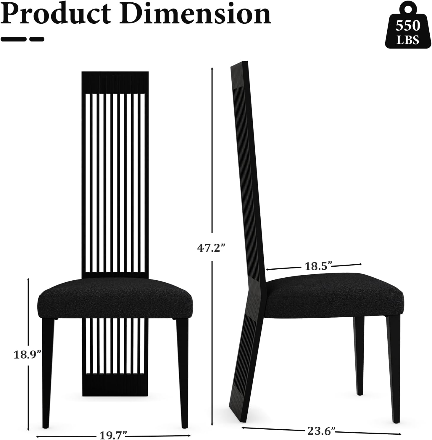 Black Dining Chair Set of 2, Modern Boucle High Back Upholstered Kitchen Chairs with Black Metal Legs for Dining Room Kitchen Living Room
