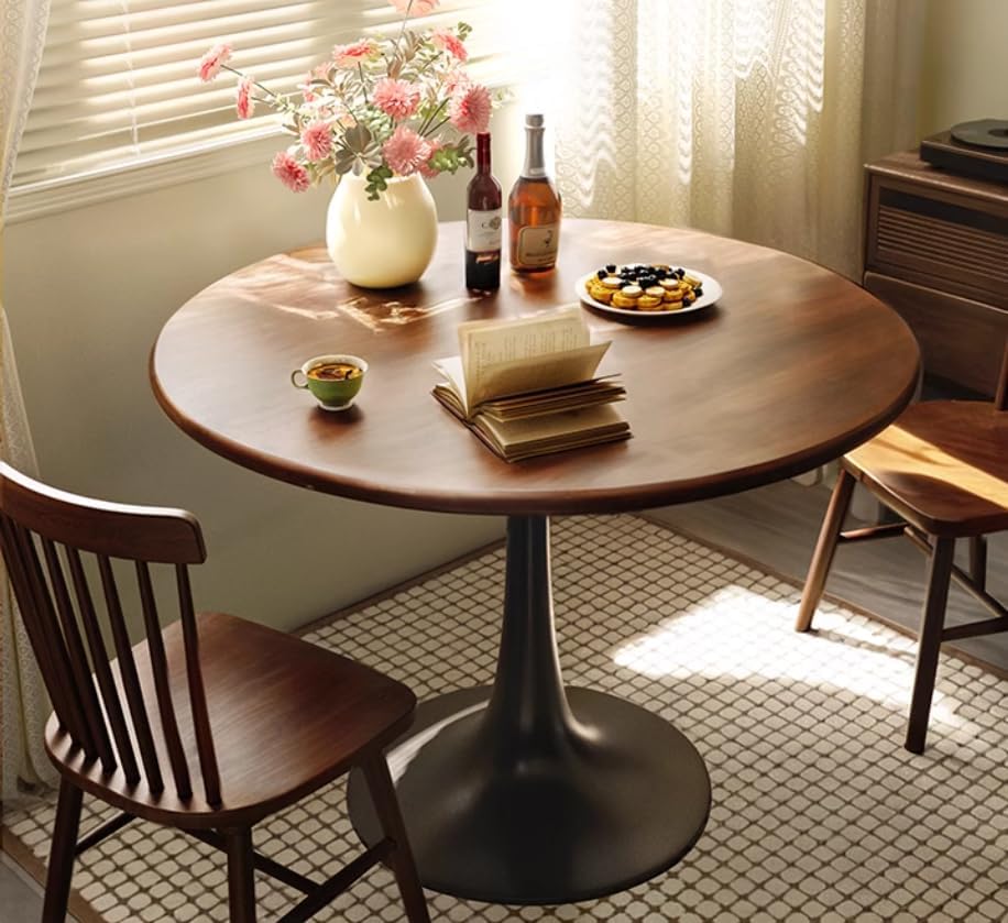 Round Dining Table, 23.6" Small Dining Table for 2 with Thickened Top and Metal Pedestal, Round Kitchen Table for Dining Room, Living Room, Cafe, Walnut