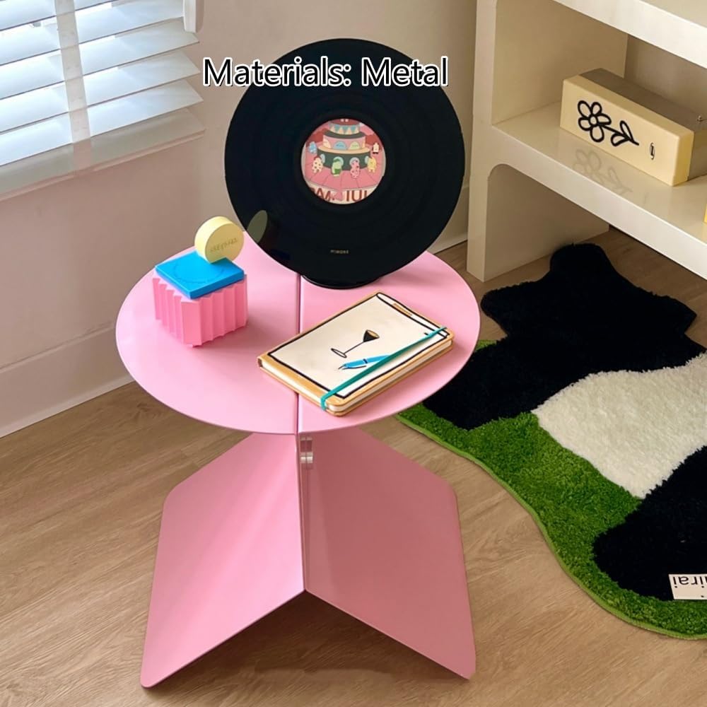 Modern Pink Side Table, Round Stylish End Table, Magazine Rack for Living Room, Multifunctional Accent Table for Bedroom, Metal Couch Table