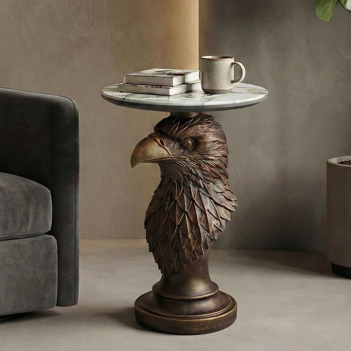 Eagle Head Accent Side Table - End Table with Faux Marble Top Unique Eagle Statue Decor for Living Room Bedroom Entryway Elegant Animal Sculpture Modern Classical Decoration, Bronze
