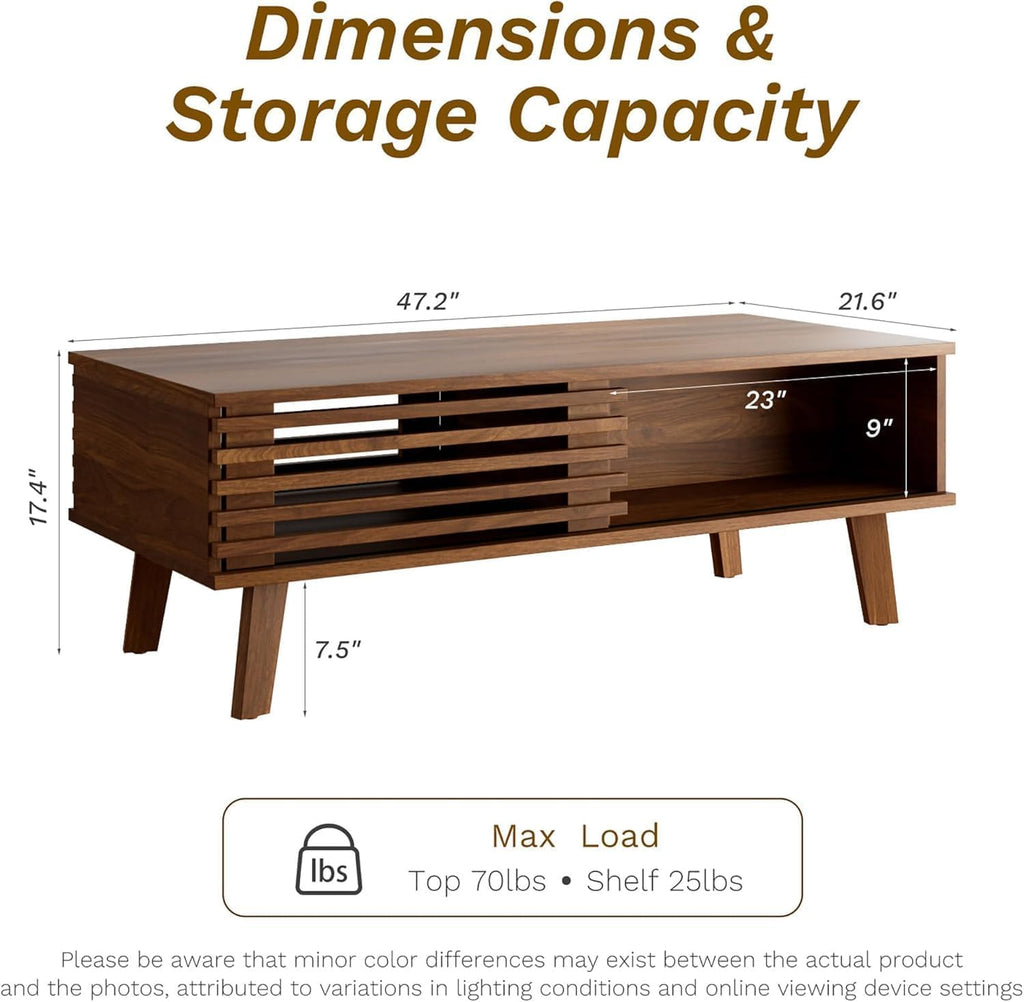 MAISONARIA Living Room Table Sets of 2, Mid Century Coffee Table & Dresser TV Stand, Sliding Door Coffee Table with Storage, Modern TV Stand for Bedroom, Living Room, Walnut