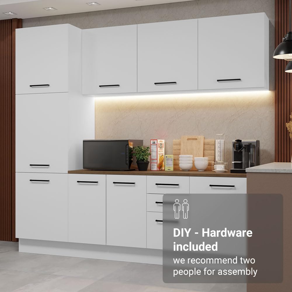 Madesa Hazel Kitchen Set 94" L Pantry Storage Base Cabinet Wall Cupboard Engineered Wood Multiple Compartments Organization Unit - White