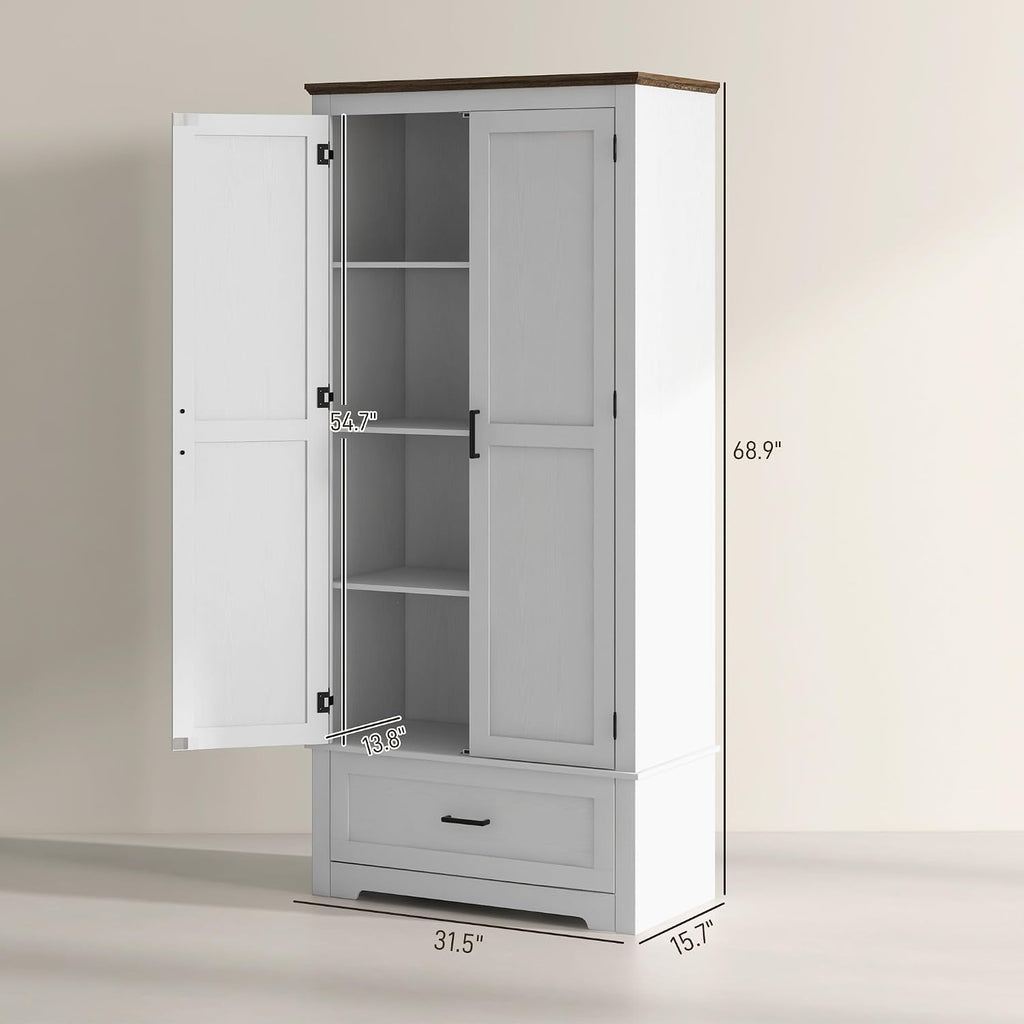69" Tall Kitchen Pantry Storage Cabinet, Farmhouse Freestanding Pantry Cabinet with 2 Doors, Drawer and Adjustable Shelves for Dining Room, White,15.7 * 31.5 * 68.9