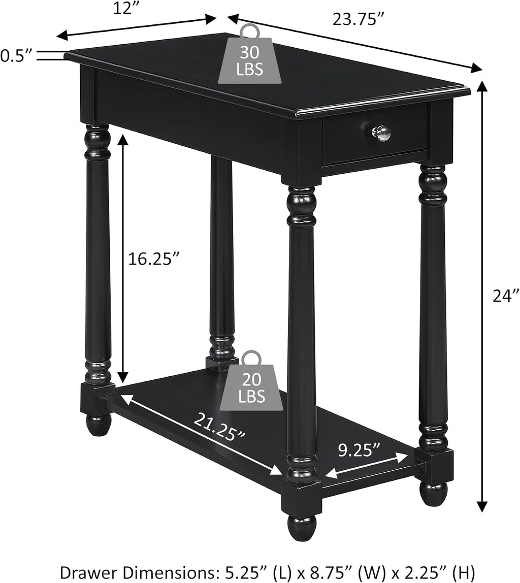 Convenience Concepts French Country Regent Chairside End Table 23.75" - 3 Tier Narrow Farmhouse Side Accent with Storage Drawer & Shelf for Transitional Living Room, Bedroom Nightstand, Black