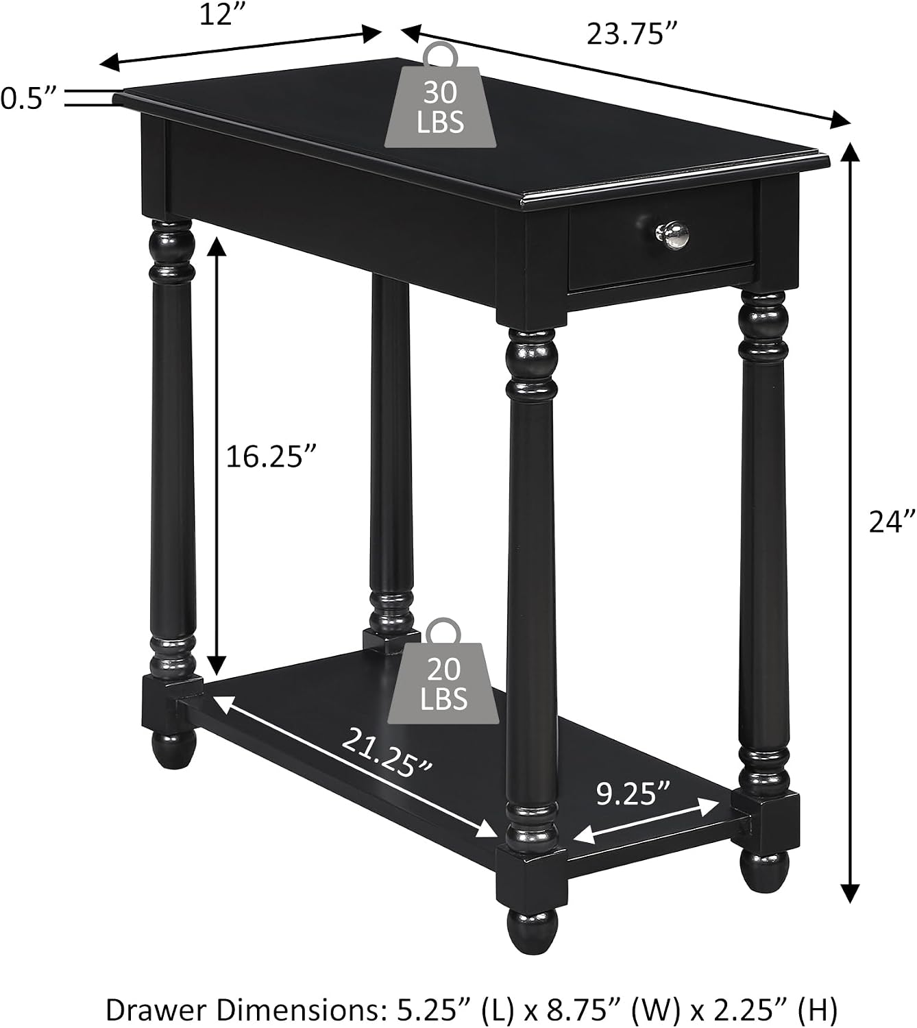 Convenience Concepts French Country Regent Chairside End Table 23.75" - 3 Tier Narrow Farmhouse Side Accent with Storage Drawer & Shelf for Transitional Living Room, Bedroom Nightstand, Black