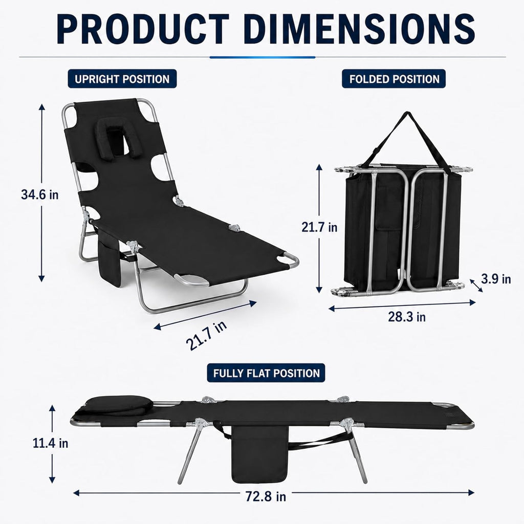 Tanning Chair, Folding Beach Lounge Chair with Face Hole and Arm Slots, 5-Position Adjustable Sun Tanning Chair with Pillow and Side Pocket, Portable Chaise Lounge for Patio Pool Outdoor, Black
