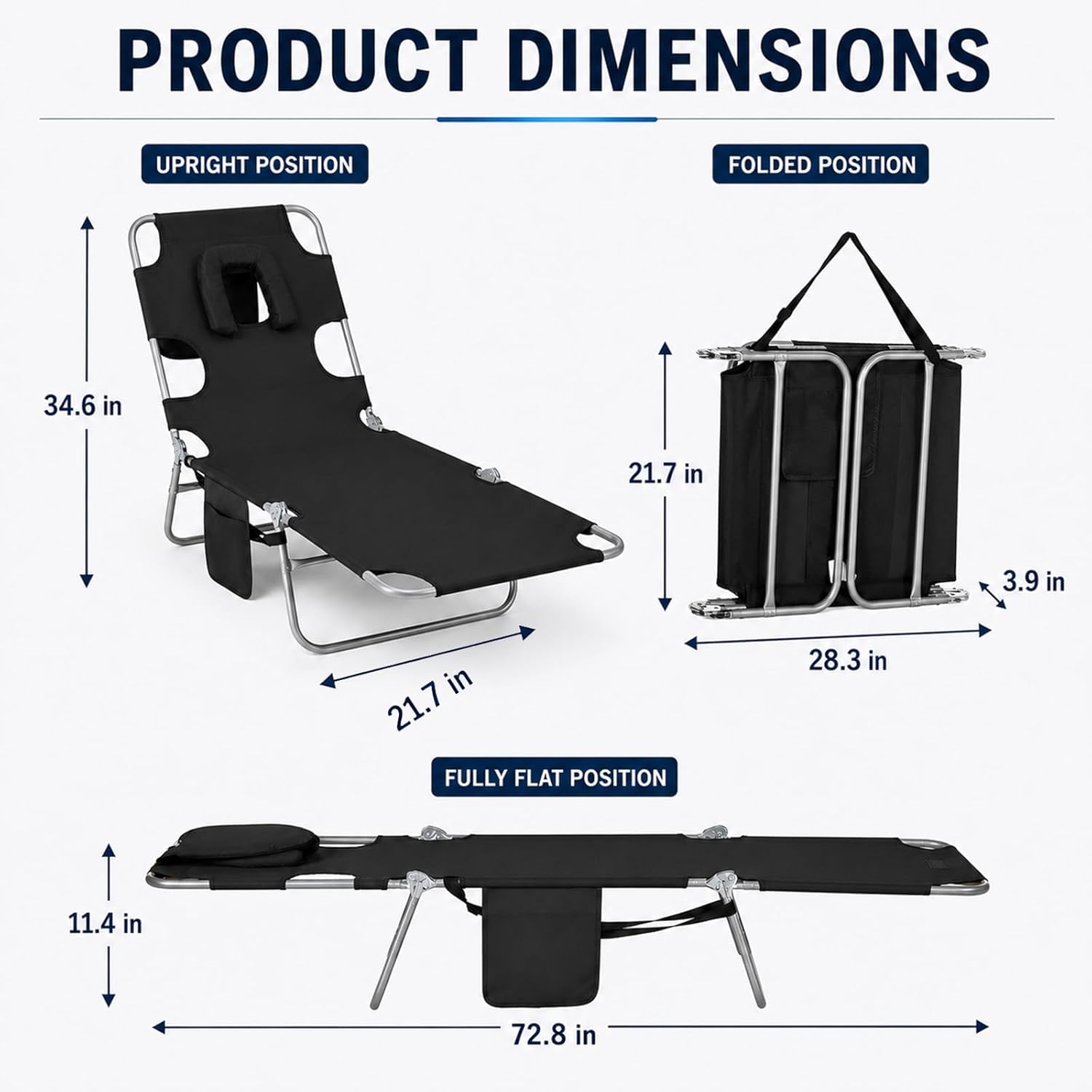 Tanning Chair, Folding Beach Lounge Chair with Face Hole and Arm Slots, 5-Position Adjustable Sun Tanning Chair with Pillow and Side Pocket, Portable Chaise Lounge for Patio Pool Outdoor, Black