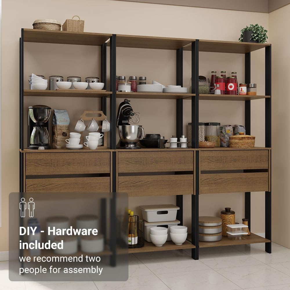 Madesa Kitchen Pantry Storage Rack with 6 Drawers and Open Shelves 82" L Multiuse Modular Cabinet for Kitchen Organization (Black/Brown)