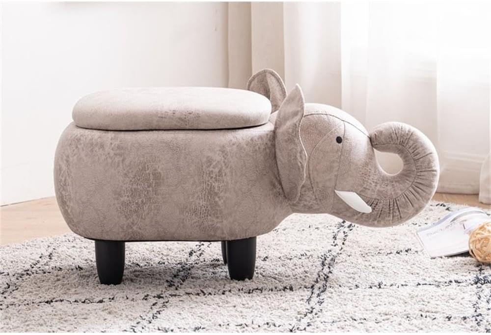 Pemberly Row Elephant Fabric Storage Ottoman/Stool, Gray/Black Finish, 15.75"H x 14.17"W x 28.74"D, Upholstered Kids Room Seating with Storage, Cute Animal Theme, Easy Assembly for Bedroom or Playroom