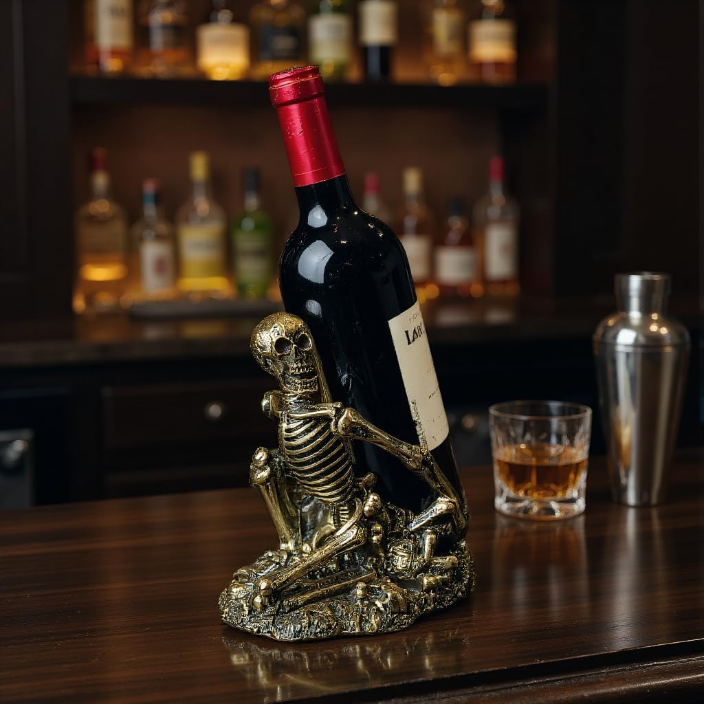 Gothic Skull Decorated Wine Bottle Rack, Halloween countertop Small Wine Rack, Room Emotional Decoration (Bronze)