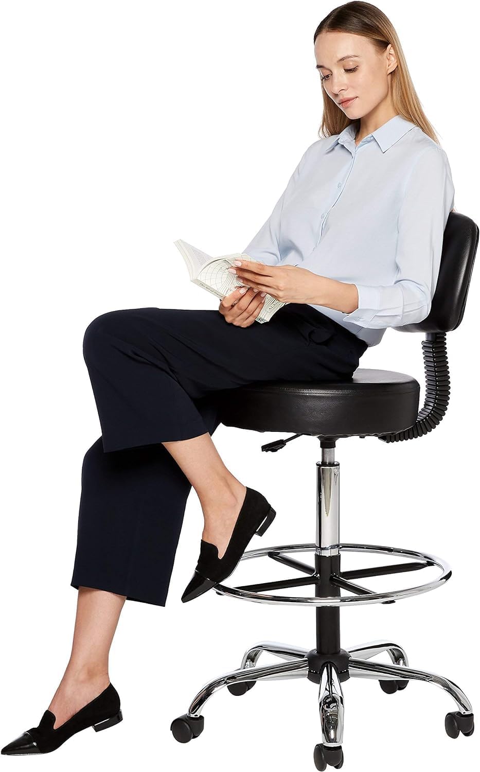 Amazon Basics Multi-Purpose Adjustable Drafting Spa Bar Stool with Sturdy Foot Rest, Back Support Cushion, 360° Swivel and Wheels, Black