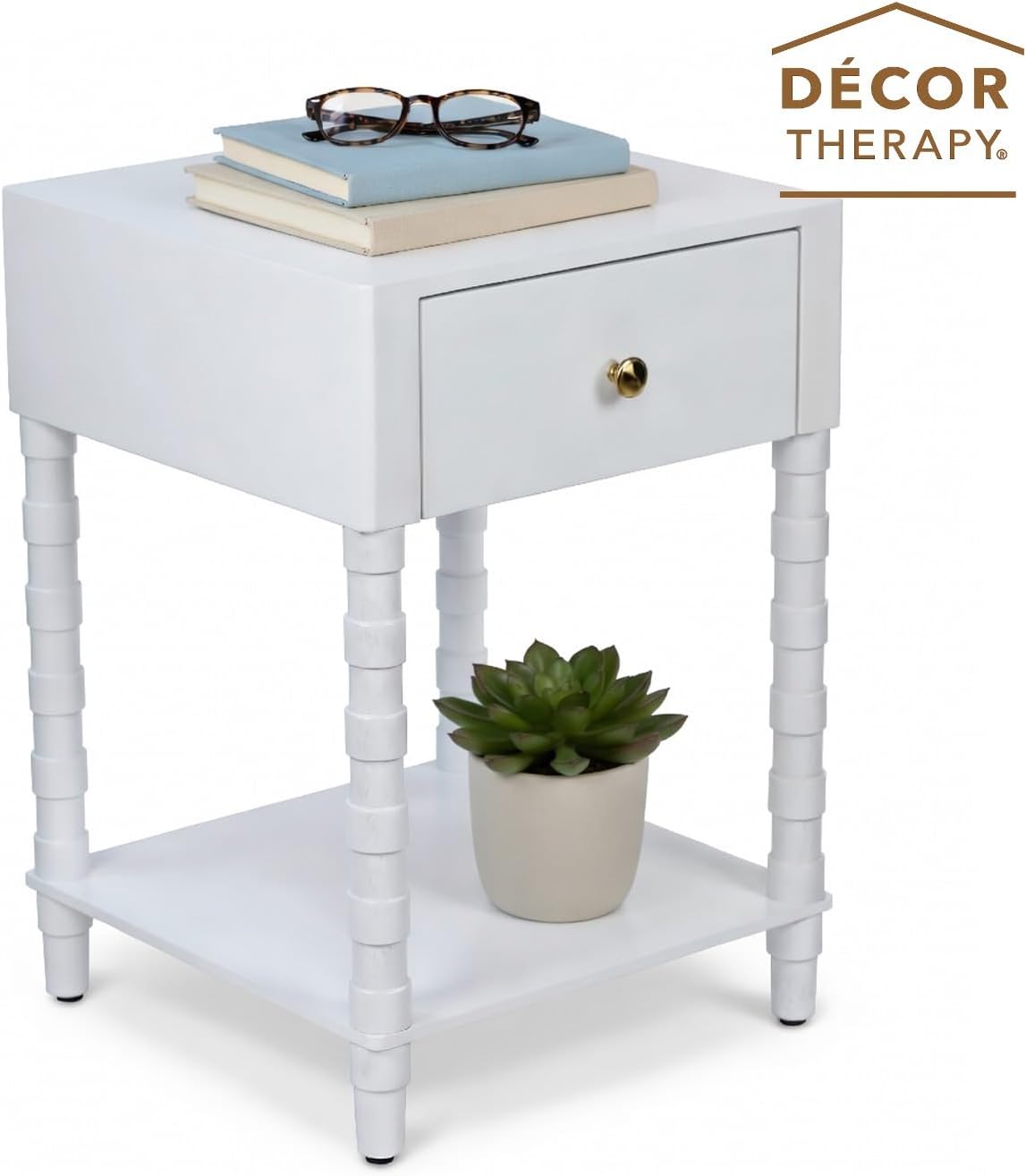Decor Therapy Sterling Modern Side Table with Storage Drawer, Lower Shelf, Contemporary Legs End Table for Living Room, White
