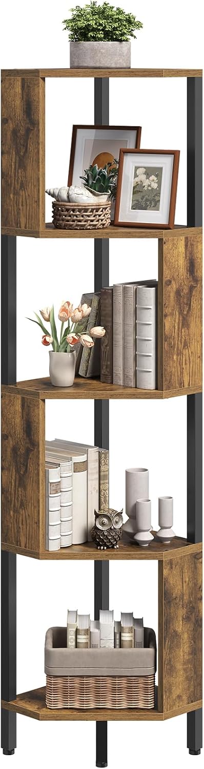 YATINEY 5-Tier Corner Shelf, Industrial Corner Storage Stand, Corner Bookshelf with Metal Frame, Freestanding Corner Shelf Stand for Living Room, Study, Bedroom, Rustic Brown and Black CJ11BR