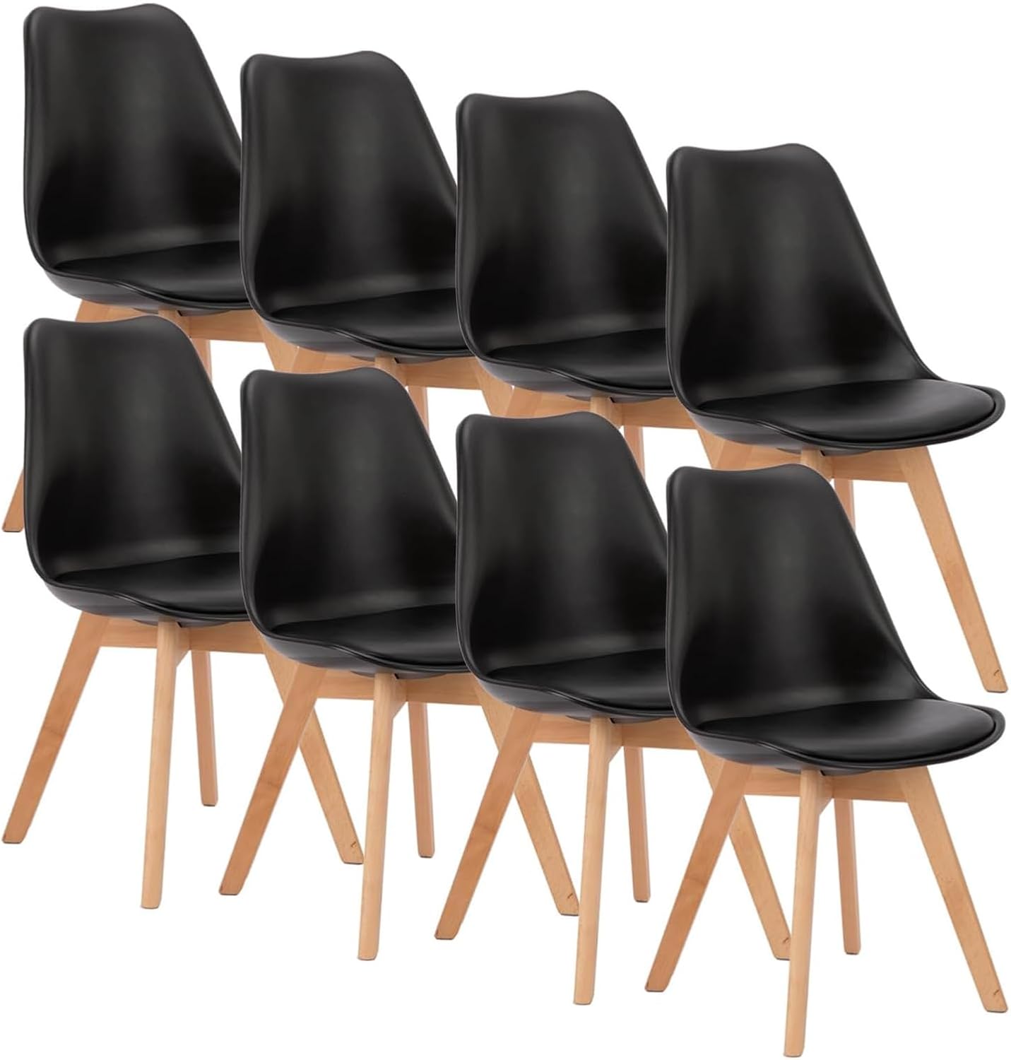 OLIXIS Dining Chairs Set of 8 Kitchen Mid Century Modern Chairs with Wood Legs and PU Leather Cushion, Upholstered Accent Chai for Living Room Bedroom Outdoor Lounge, Black