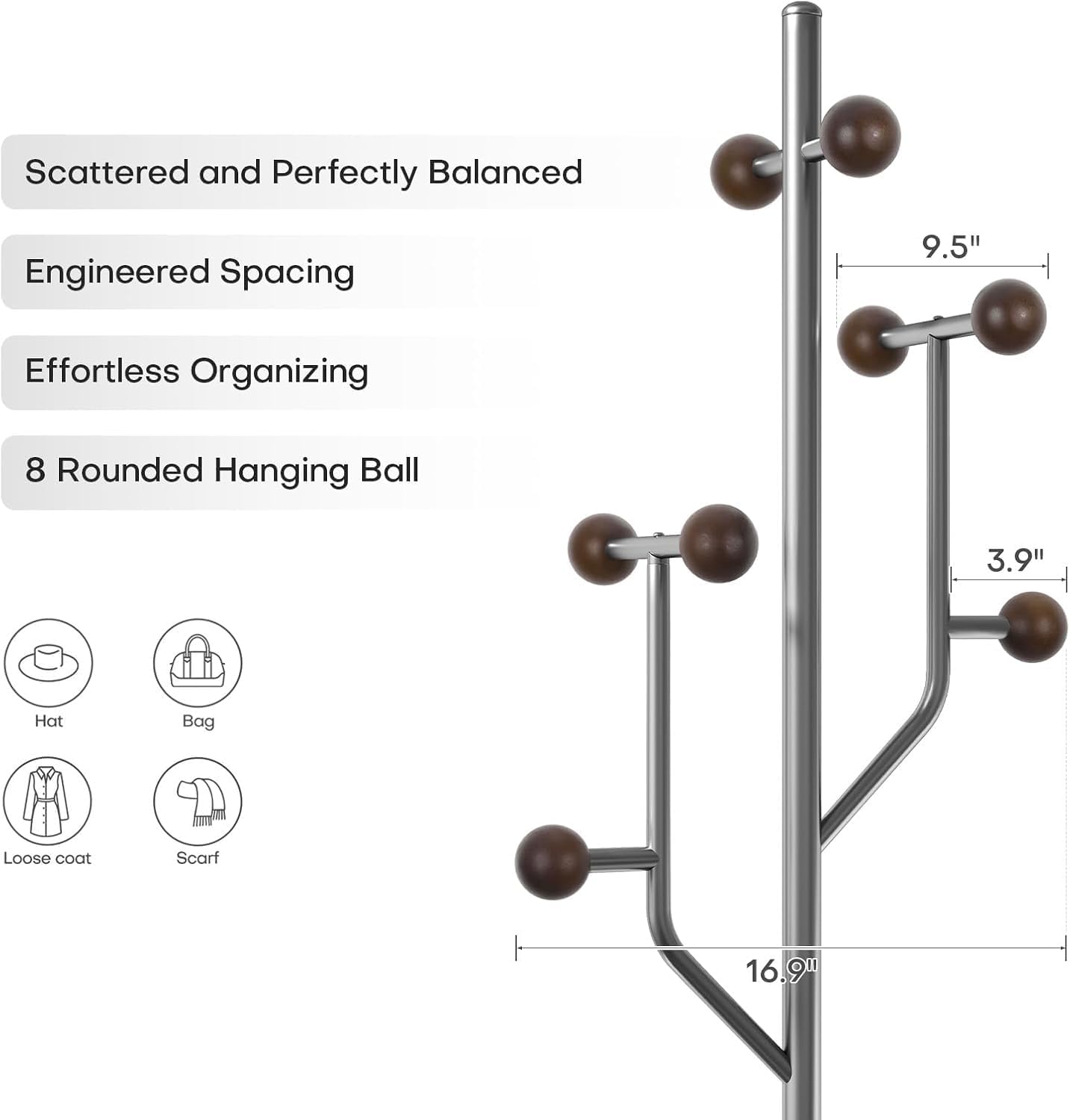 Coat Rack Freestanding with Stainless Steel Marble Base, 8 Wood Ball-shaped Hooks, Heavy-Duty Standing Rack Clother Hanger Rack Metal Coat Tree for Bedroom Entryway, Hat, Bags, Long Dresses