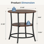 DUMOS Side Round Table for Living Room, 2-Tier Accent End Table with Storage Shelf,Sturdy Metal Frame Nightstand for Small Space, Round Bedside,Rustic Brown and Ink Black