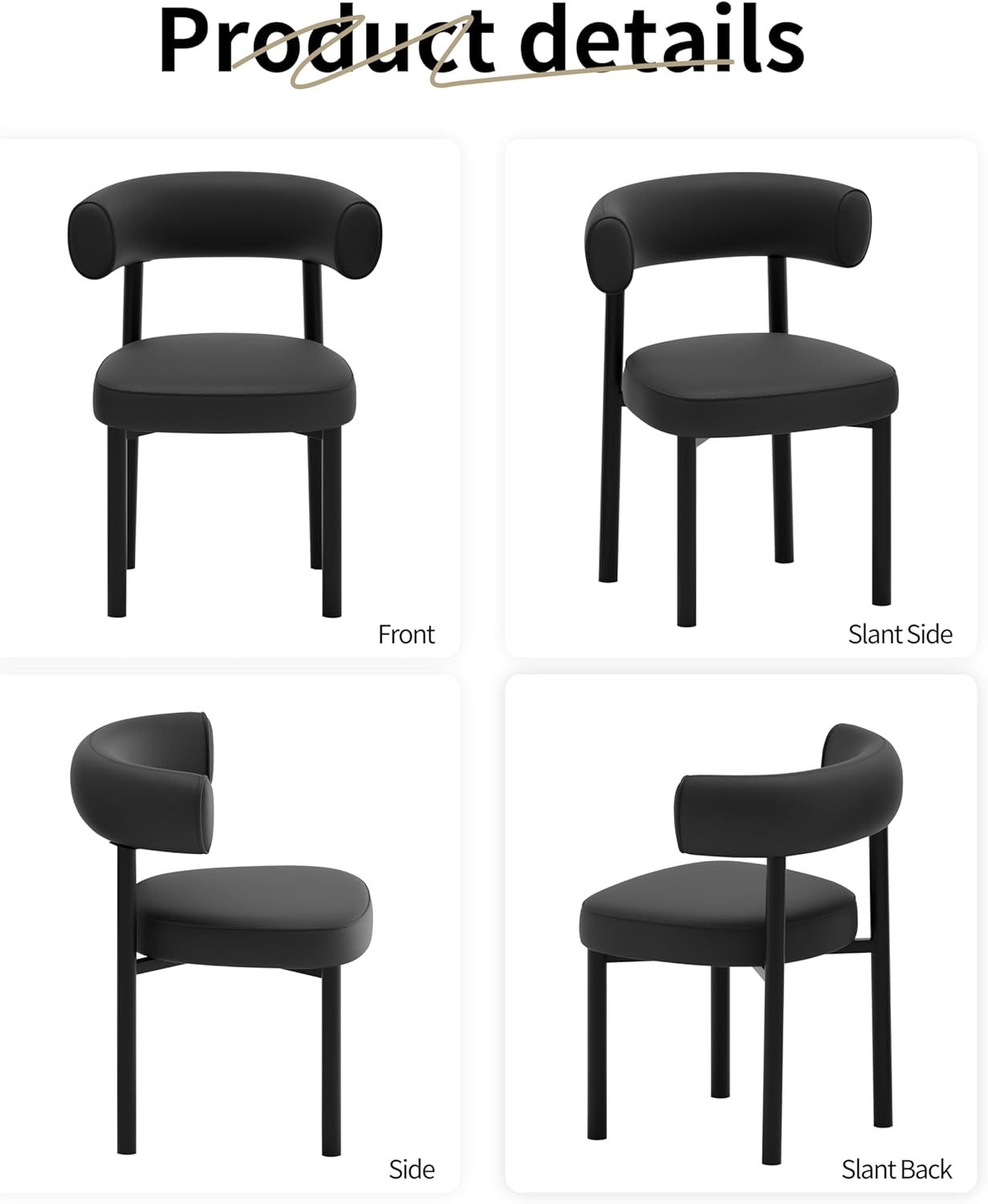 Dining Chairs Set of 2, Mid-Century Dining Room Chair, Carbon Steel Legs, Upholstered Seat, Textured Leather, Ergonomic Curved Backrest, Modern for Kitchen, Restaurant, Black