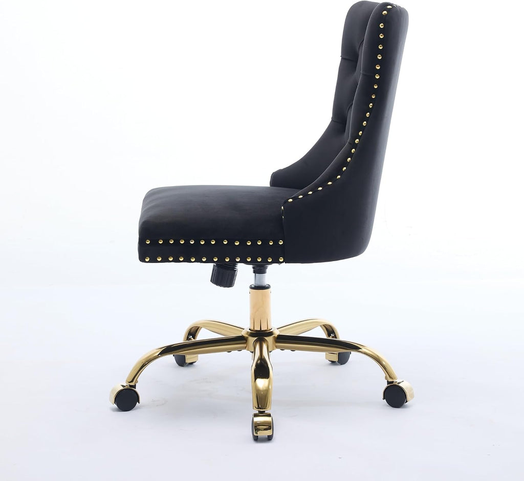 Modern Velvet Office Chair with Tufted Button Design, Adjustable Swivel Desk Chair with Golden Metal Base for Home and Office,Black