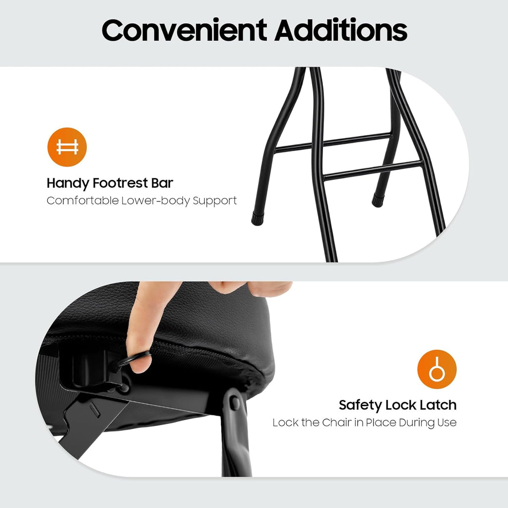 2 Pcs Folding Bar Stool with Backrest & Footrest, 25.6'' Portable Collapsible Counter Height Chair Leather Padded for Home Camping Kitchen Island Shop Cafe, 275.58 lbs Capacity (Black)