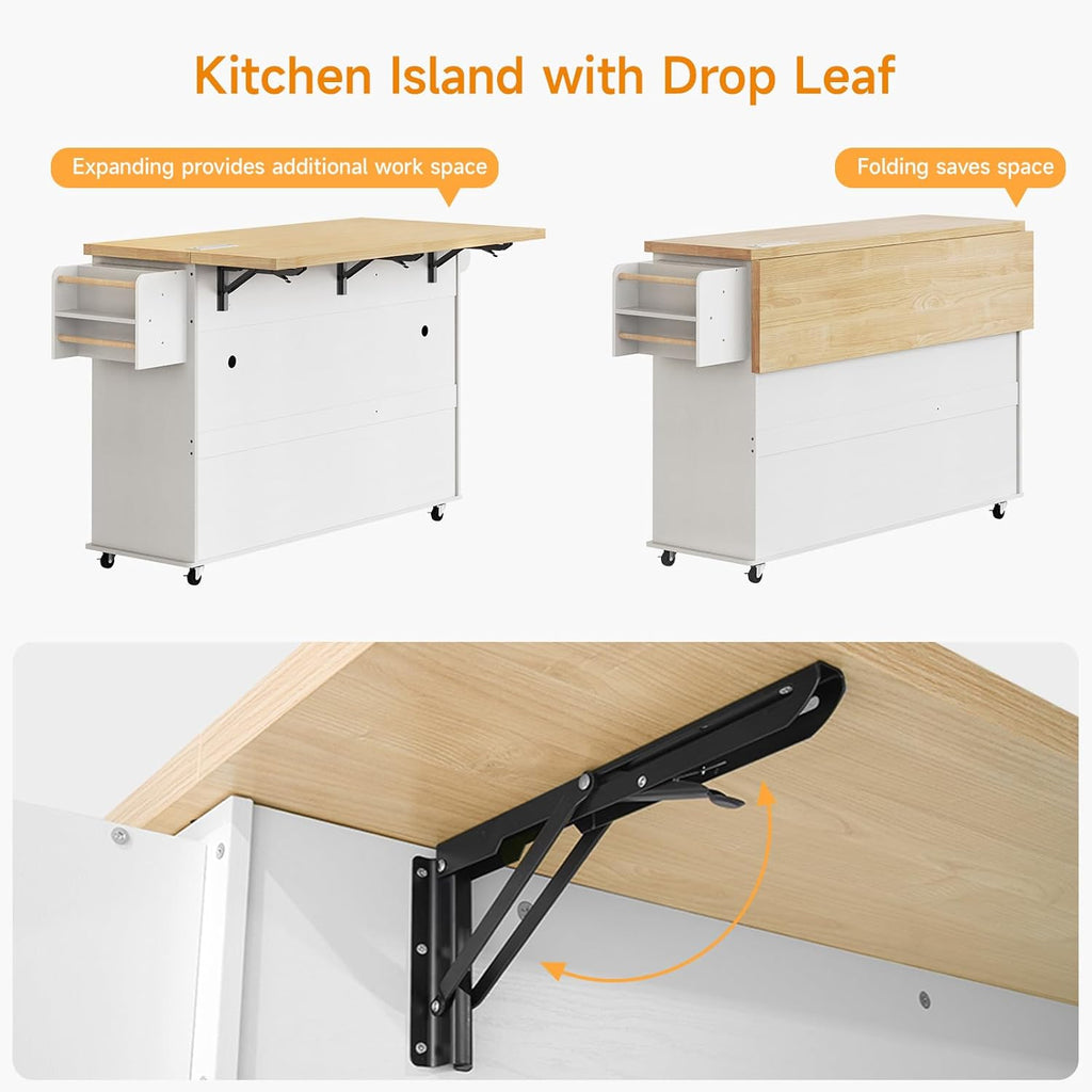 ComfyCorner 60" Rolling Large Kitchen Island on Wheels with Extendable Table, Drop Leaf & Power Outlet, Mobile Kitchen Cart with Storage Cabinet, 2 Drawers, Spice Rack, Towel & Knife Holder, White