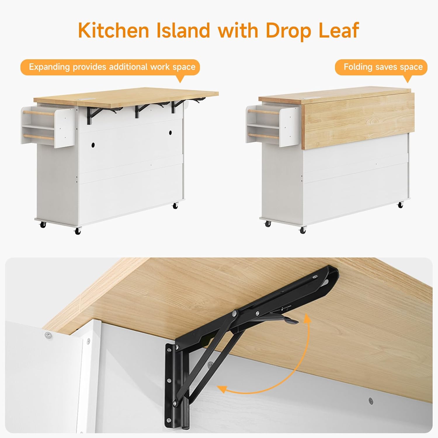 ComfyCorner 60" Rolling Large Kitchen Island on Wheels with Extendable Table, Drop Leaf & Power Outlet, Mobile Kitchen Cart with Storage Cabinet, 2 Drawers, Spice Rack, Towel & Knife Holder, White