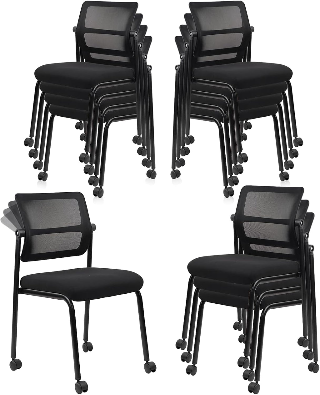 CLATINA 12PK Mesh Stacking Office Desk Chairs with Wheels, Portable Stackable Bulk Waiting Room Armless Chair with Adjustable Back & Fabric Seat for Guest Lobby Side School Church Conference Break