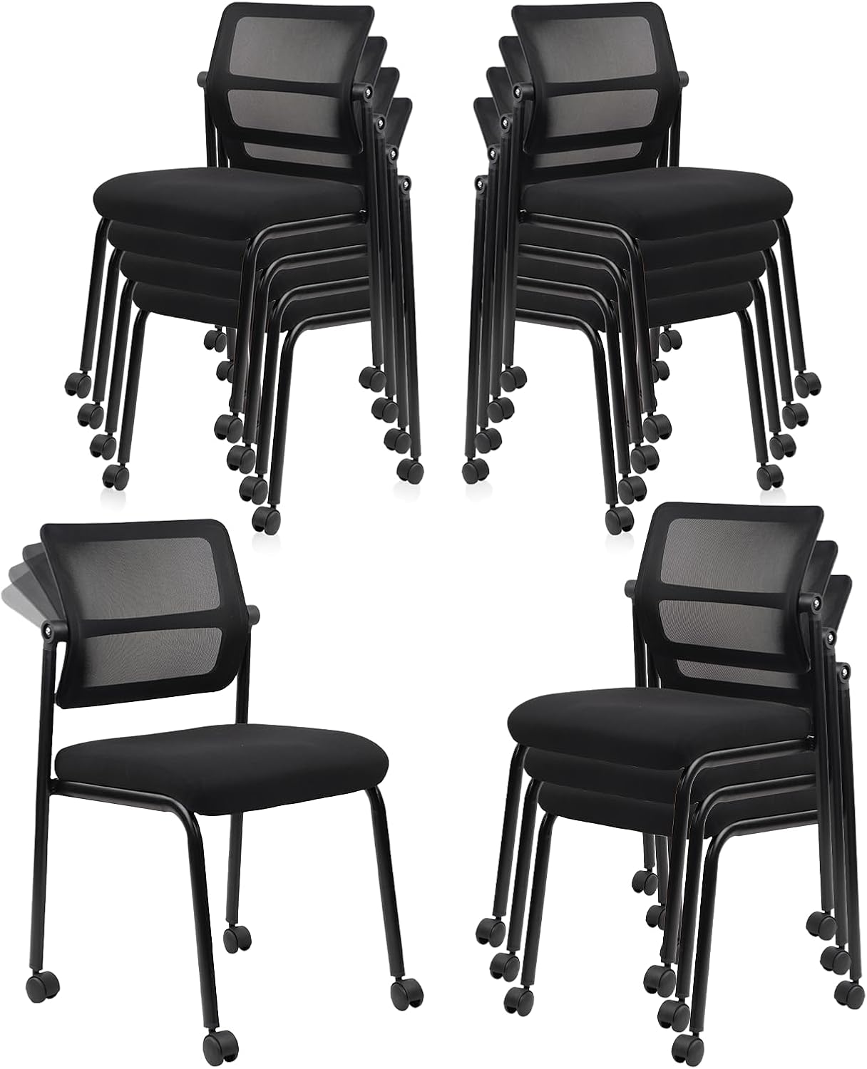 CLATINA 12PK Mesh Stacking Office Desk Chairs with Wheels, Portable Stackable Bulk Waiting Room Armless Chair with Adjustable Back & Fabric Seat for Guest Lobby Side School Church Conference Break