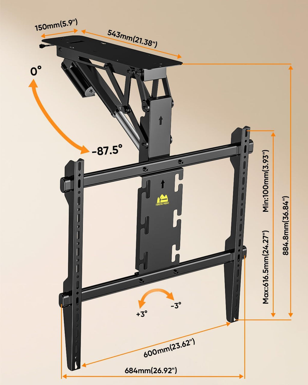 FORGING MOUNT Electric Ceiling TV Mount with Remote, Off-Center VESA Design for 37-86 inch TVs, Holds 110 lbs, VESA 600x600, Heavy Duty Motorized TV Ceiling Mount Flip Down Fits Flat & Pitched Roof