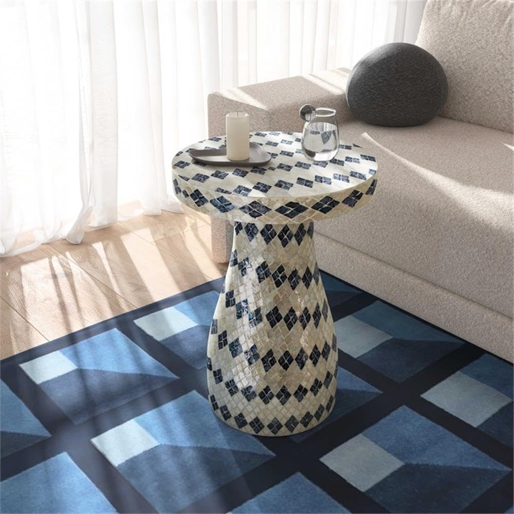 MAKLAINE Transitional Shell Side Table, Cream and Blue Checkered Design, Hand-Inlaid Natural Seashells, MDF Construction, Fully Assembled Accent Table for Living Room or Bedroom Decor