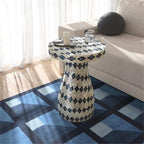 MAKLAINE Transitional Shell Side Table, Cream and Blue Checkered Design, Hand-Inlaid Natural Seashells, MDF Construction, Fully Assembled Accent Table for Living Room or Bedroom Decor