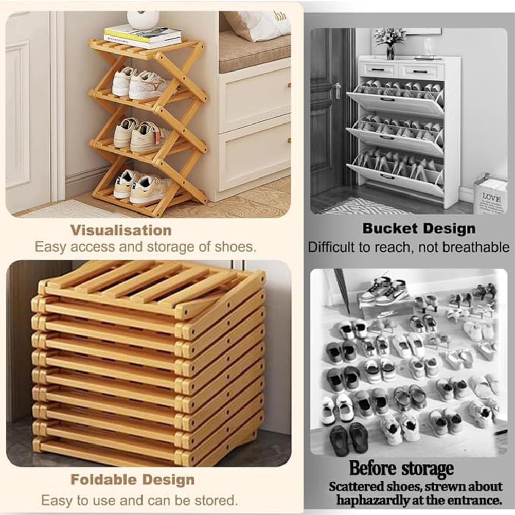 6 Tier Foldable Bamboo Shoe Rack, No Assembly Vertical Space Saving Shoe Organizer for Entryway Closet Corner Tight Small Spaces, 2026 Upgraded Natural Wood