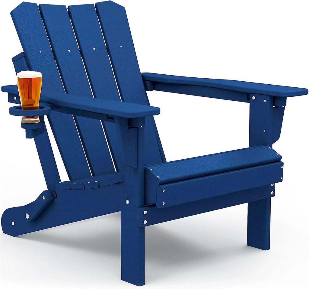 GARDENSTAR Adirondack Chair Oversized Folding Adirondack Chairs Recyclable HDPE Modern Adirondack Chair with Cup Holder Poly Lumber Patio Chairs for Pool Patio Garden Outdoors Fire Pit Blue