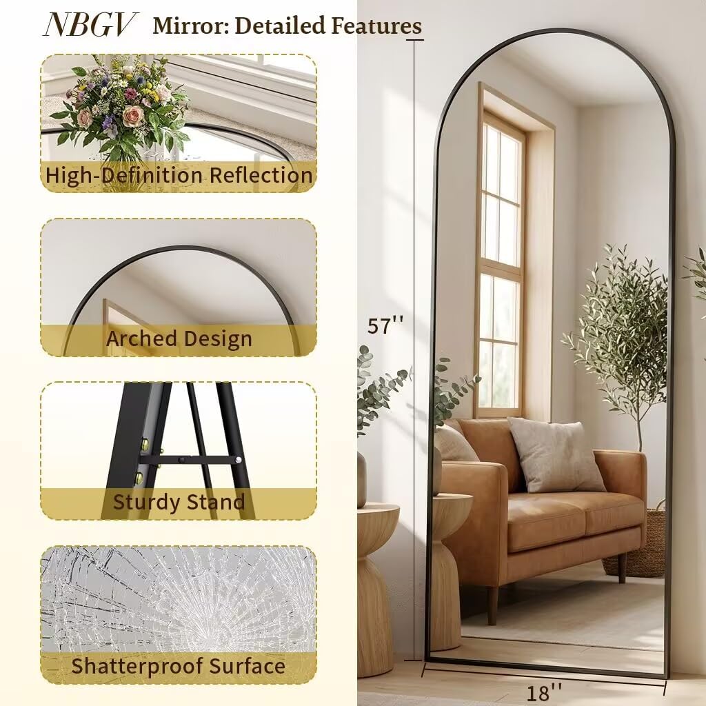 57"x18" Floor Mirror Full Length, Arched Full Length Mirror with Stand, Full Body Mirrors for Bedroom Living Room or Cloakroom Black