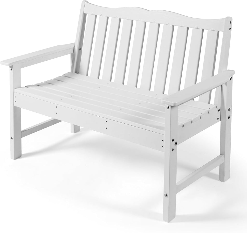 Backyard Expressions Poly Patio Bench (800 Lb Capacity) – Weatherproof Outdoor Bench, Low Maintenance, Heavy-Duty Recycled Material – Ideal for Porch, Patio & Park (White Woodgrain Look)