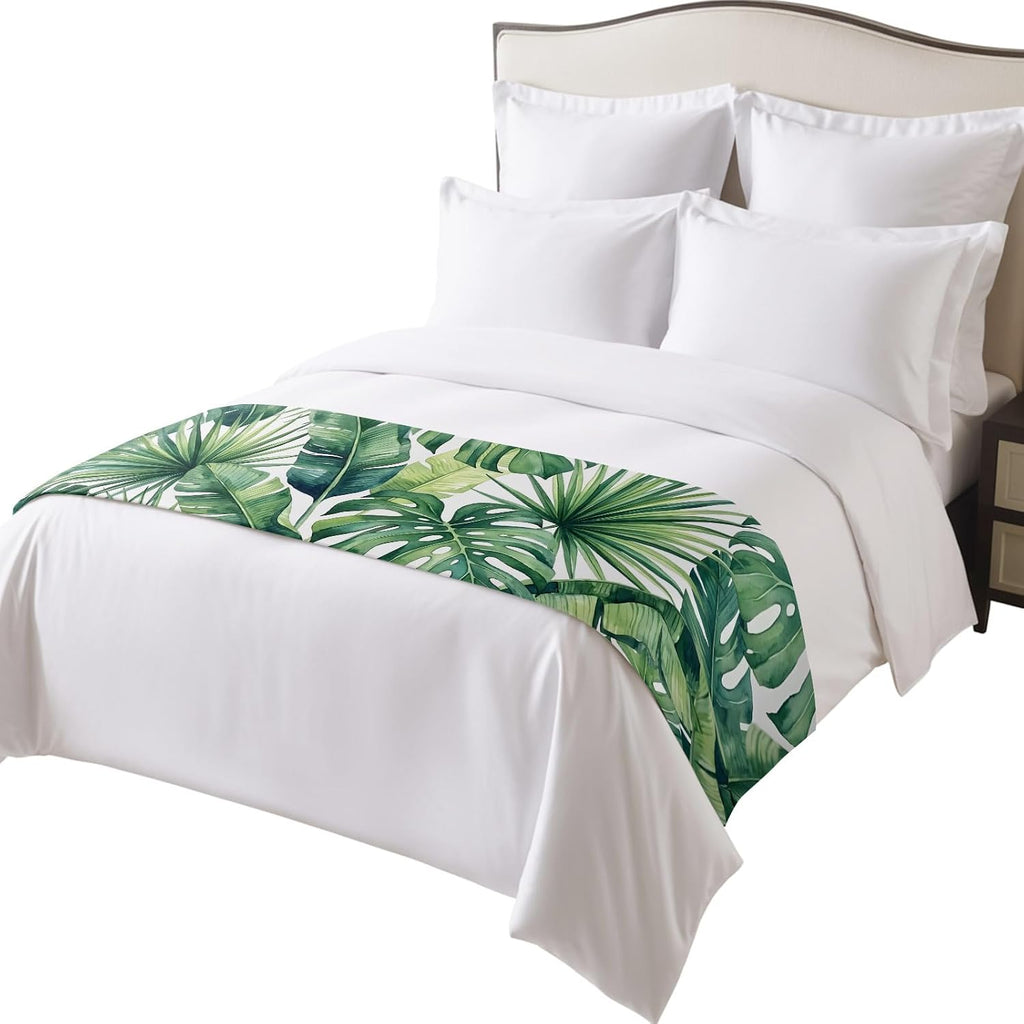 Tropical Monstera Leaves Bed Runners Country Botanical Palm Leaf Green Bed Throws for Foot of Beds, Decorative Bedrunners & Scarves Luxury Bedding End Blanket Protector Slipcover Home, 71"x20"