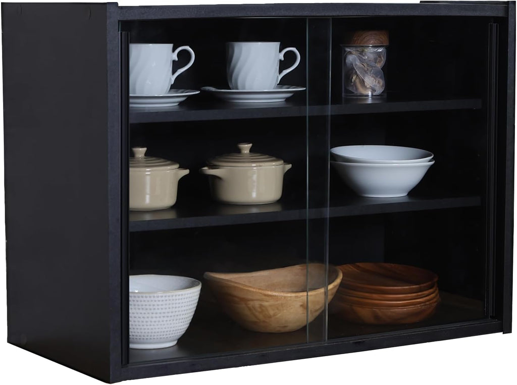 不二貿易(Fujiboeki) Fuji Boeki 99699 Cupboard, Kitchen Storage, Width 23.6 x Depth 11.4 x Height 17.3 inches (60 x 29 x 44 cm), Black Glass Door, Movable Shelf, Assembly
