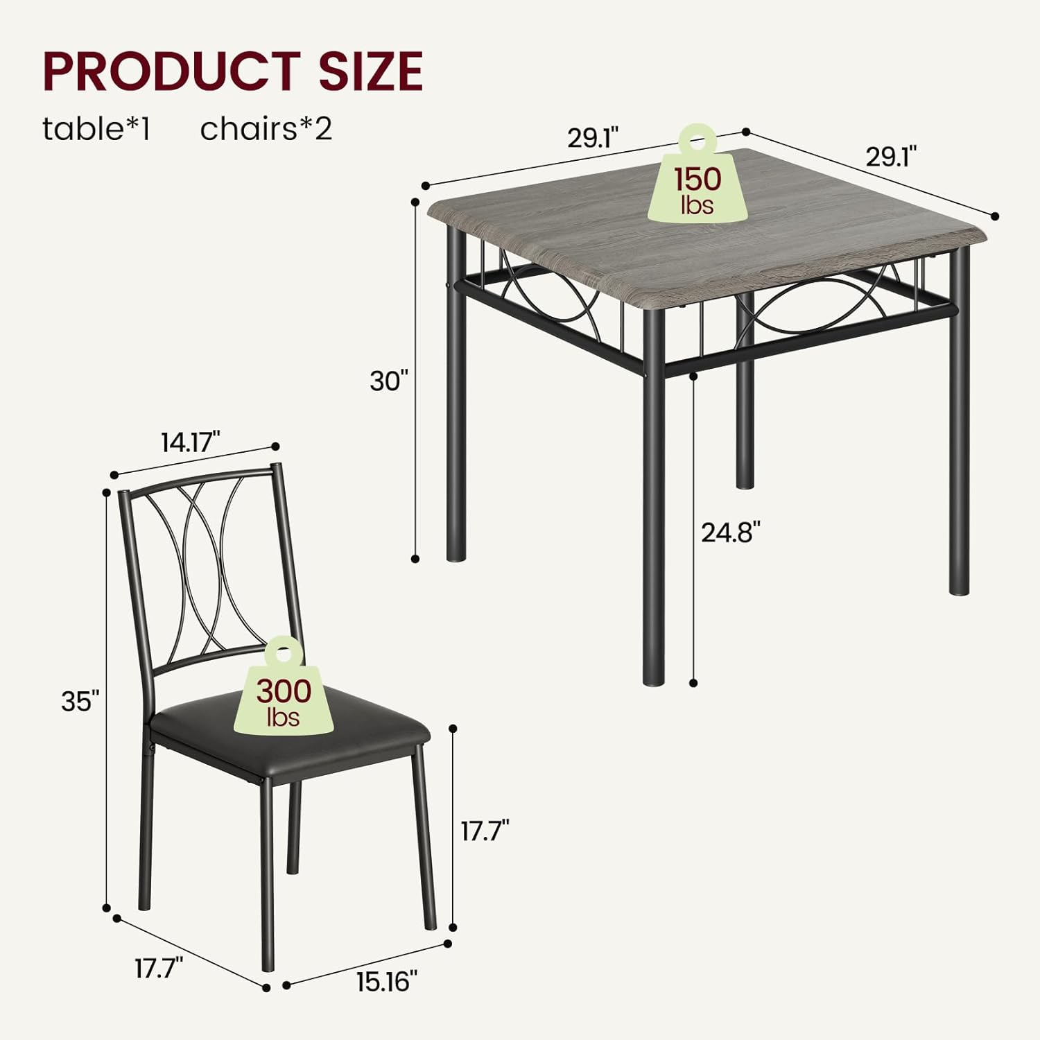 Dining Table Set for 2, Kitchen Table with 2 Upholstered Chairs, Wood 3-Piece Kitchen Dining Room Table Set for Apartment, Small Space, Space Saving, Retro Gary