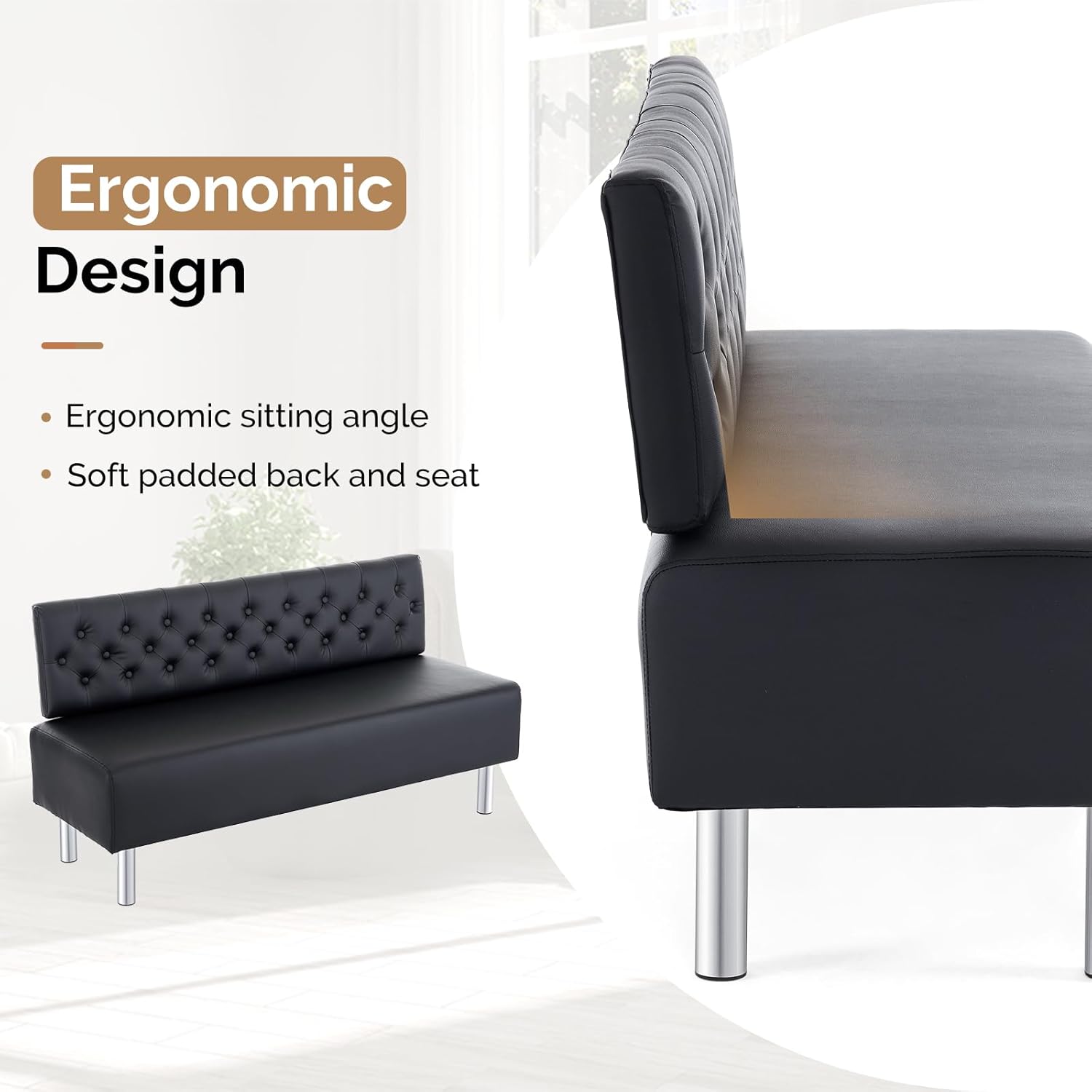 OmySalon Waiting Room Bench with Back, 58.6’’ Office Guest Chair Upholstered Reception Seating, Lobby Furniture for Beauty Salon Barbershop Airport Bank Hall Room Conference, Button Tufted, Black