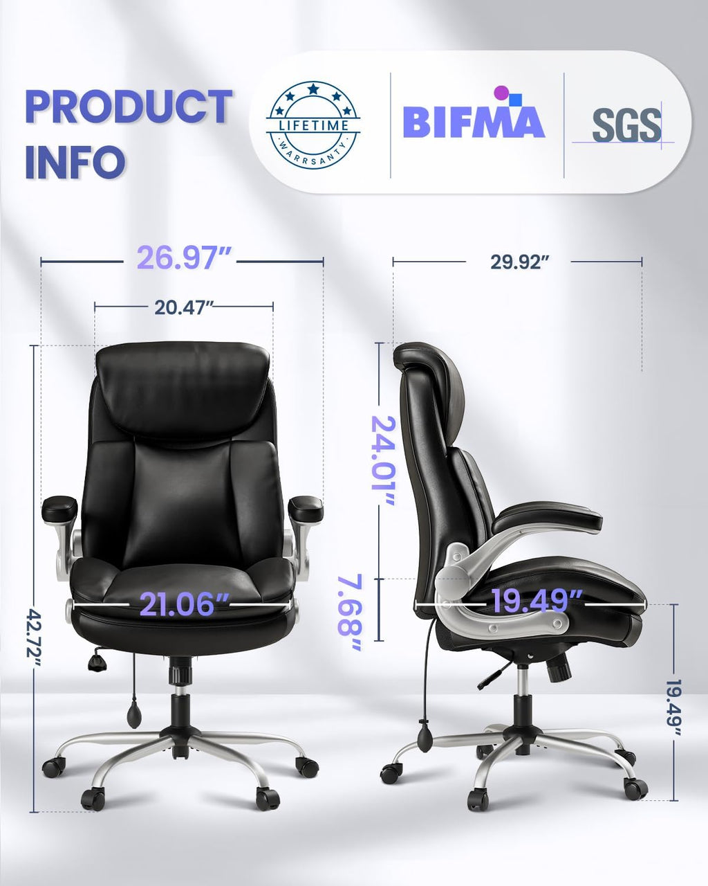 Office Chair Big and Tall, Adjustable Lumbar Support for Back Pain Relief, Double Cushioned Comfy Ergonomic Home Office Chair, Extra Wide Seat & Flip-up Armrests Office Chairs