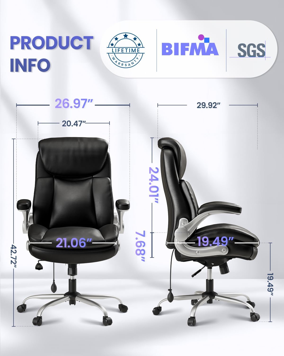 Office Chair Big and Tall, Adjustable Lumbar Support for Back Pain Relief, Double Cushioned Comfy Ergonomic Home Office Chair, Extra Wide Seat & Flip-up Armrests Office Chairs