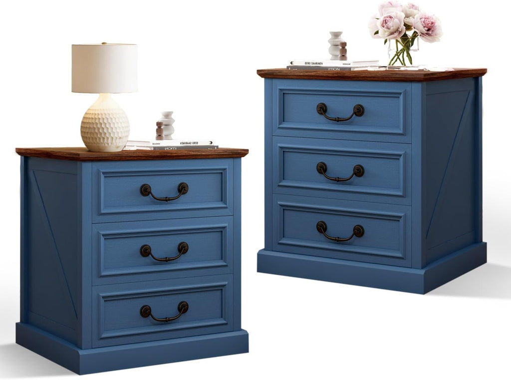 Vipbear Nightstand with Charging Station Set of 2, 22.4" Wide Farmhouse End Table, 3 Drawers for Bedroom, Wood Bedside Table with USB-C & AC Outlets, Side Tables for Living Room, Blue