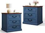 Vipbear Nightstand with Charging Station Set of 2, 22.4" Wide Farmhouse End Table, 3 Drawers for Bedroom, Wood Bedside Table with USB-C & AC Outlets, Side Tables for Living Room, Blue