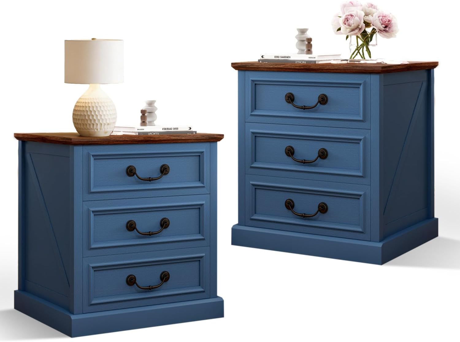 Vipbear Nightstand with Charging Station Set of 2, 22.4" Wide Farmhouse End Table, 3 Drawers for Bedroom, Wood Bedside Table with USB-C & AC Outlets, Side Tables for Living Room, Blue