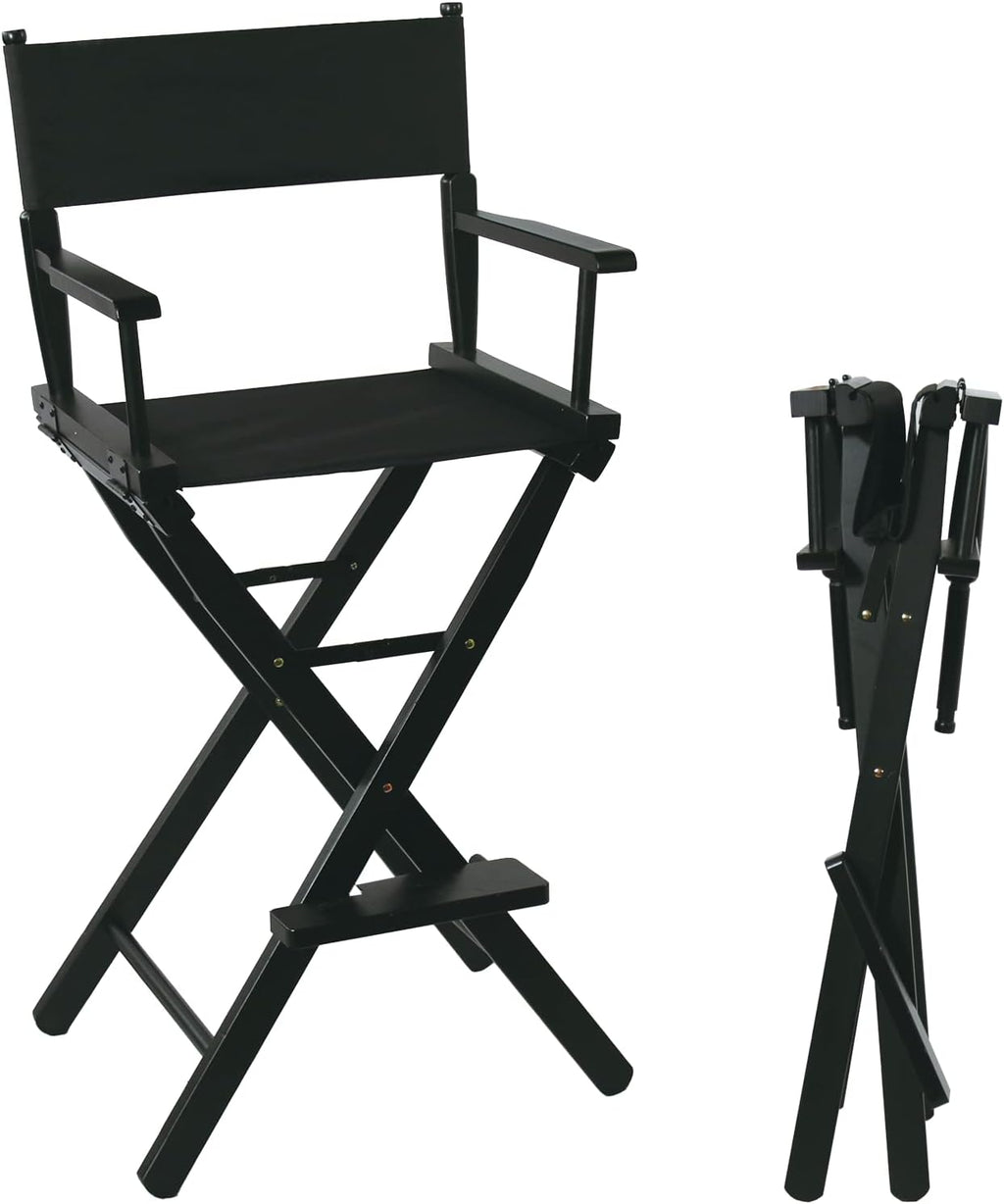Tall Directors Chair Foldable 46'', Makeup Chair Black for Makeup Artist, 250lbs Capacity Solid Hardwood,Black